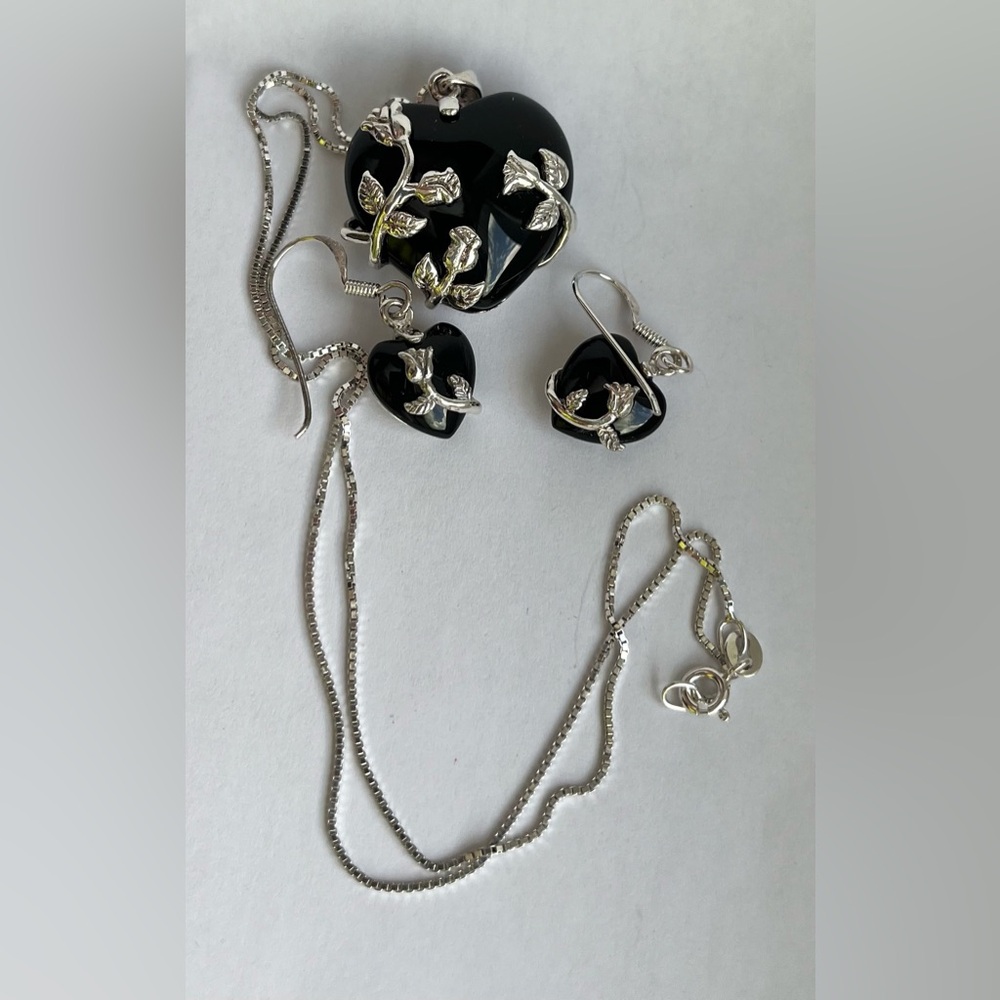 925 (EUC) onyx pierced earrings pendant 20” necklace set signed  vintage jewelry - Picture 6 of 17